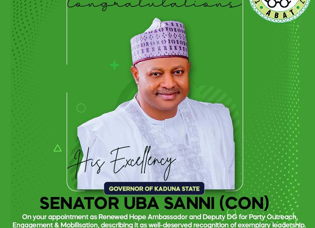 Transporters for Tinubu Hails Gov. Uba Sani’s Appointment as Renewed Hope Ambassador, Deputy DG